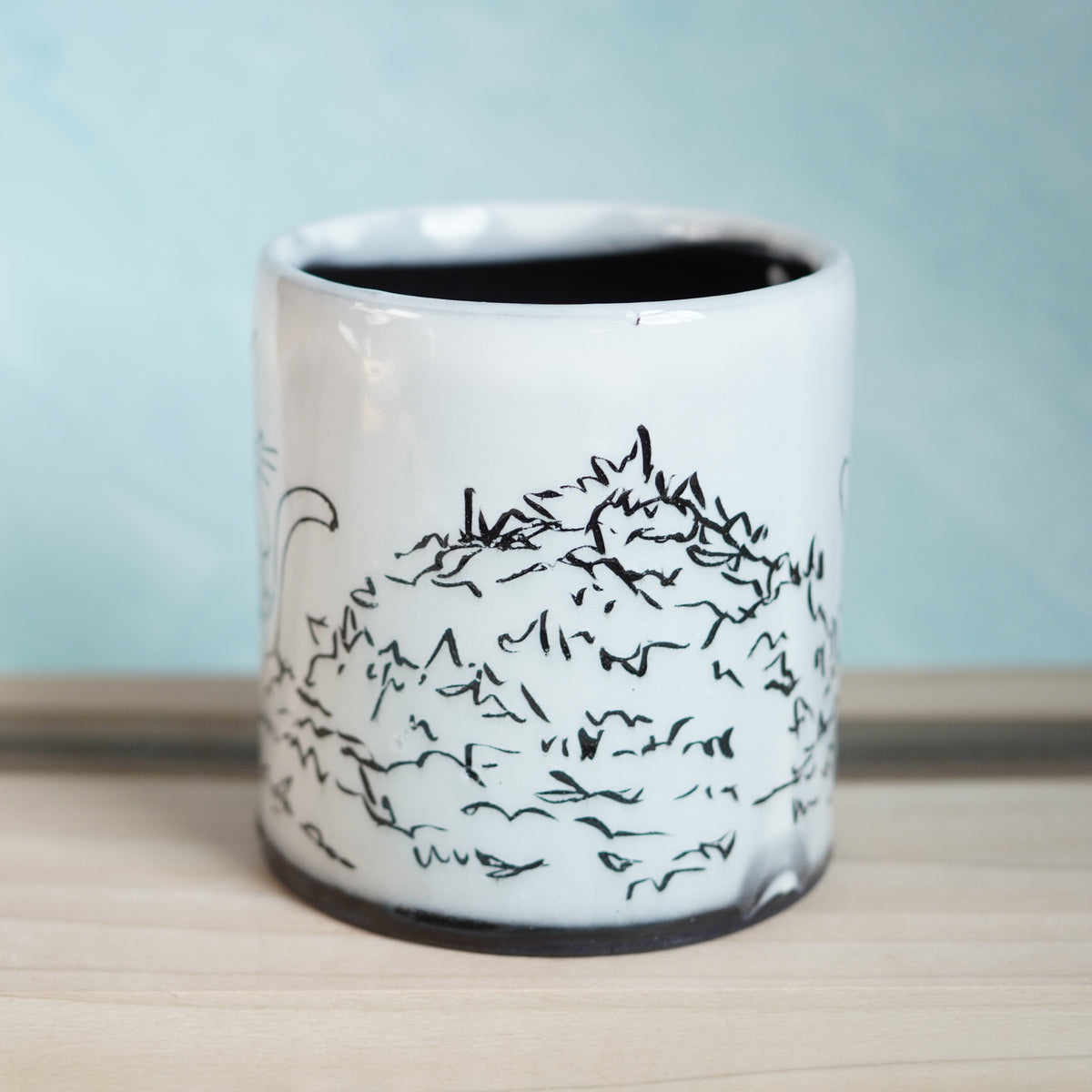 Black & White Cats Raking Leaves Mug