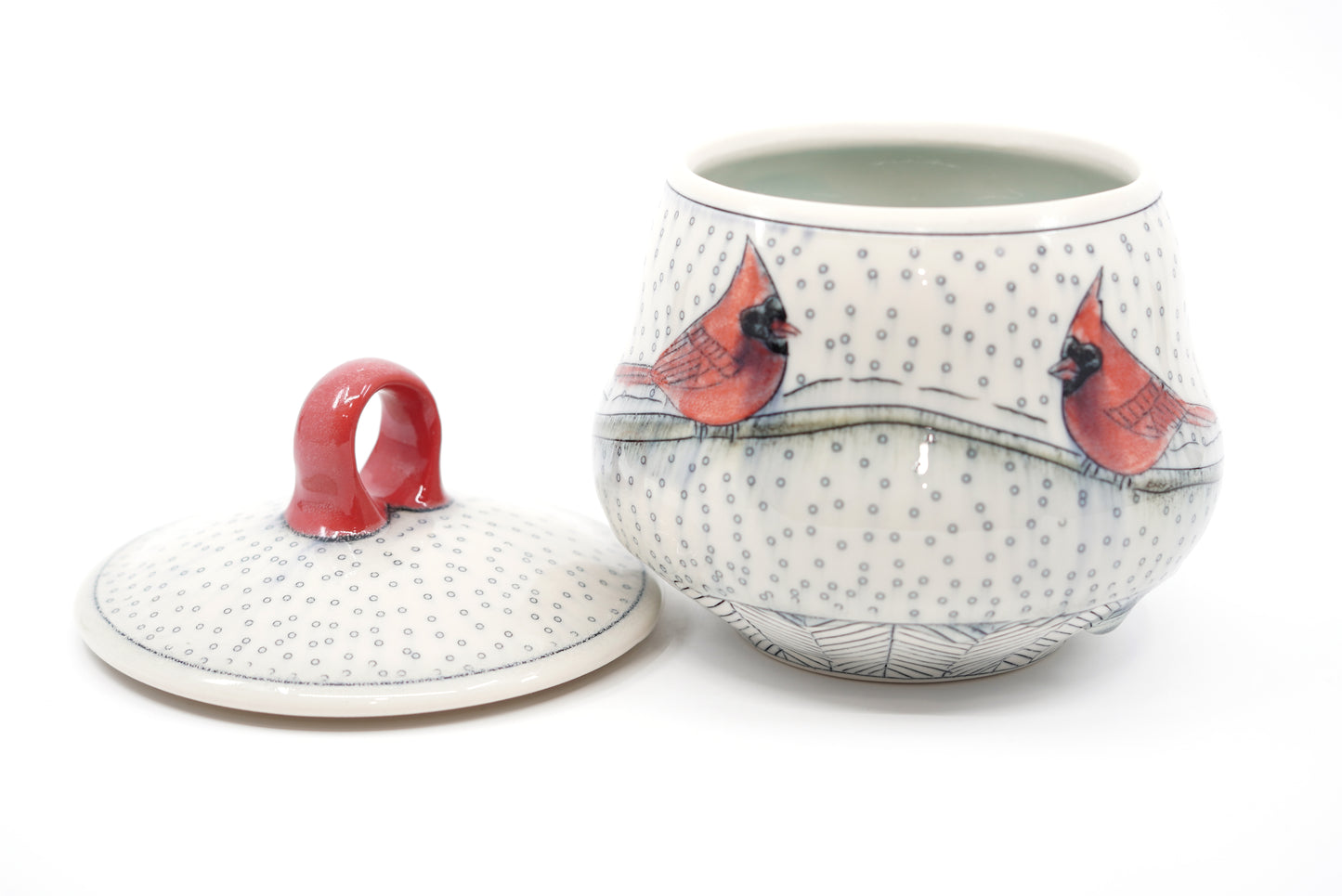 Snowy Cardinal Lidded Jar
